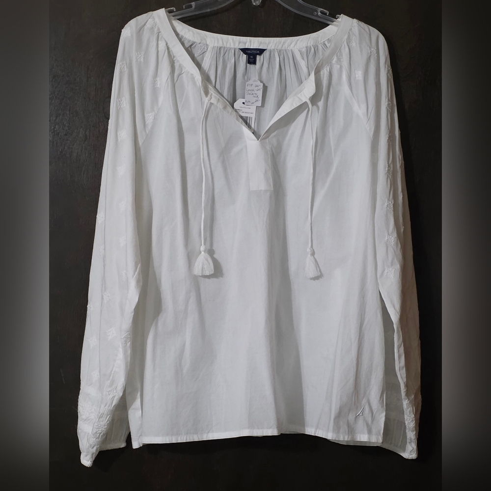 Nautica Women's White Split-Neck Embroidered Long Balloon Sleeves Top Size XL